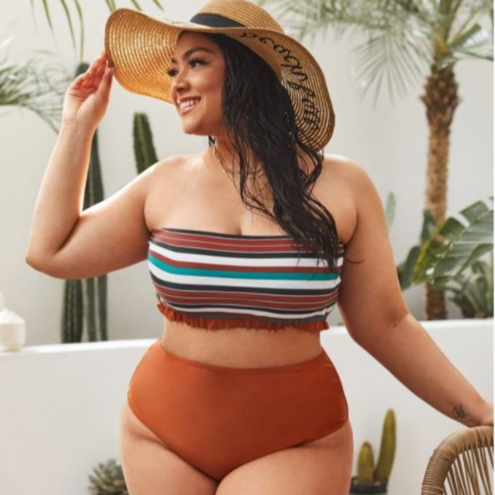 Plus Striped Frill Bandeau Bikini Swimsuit